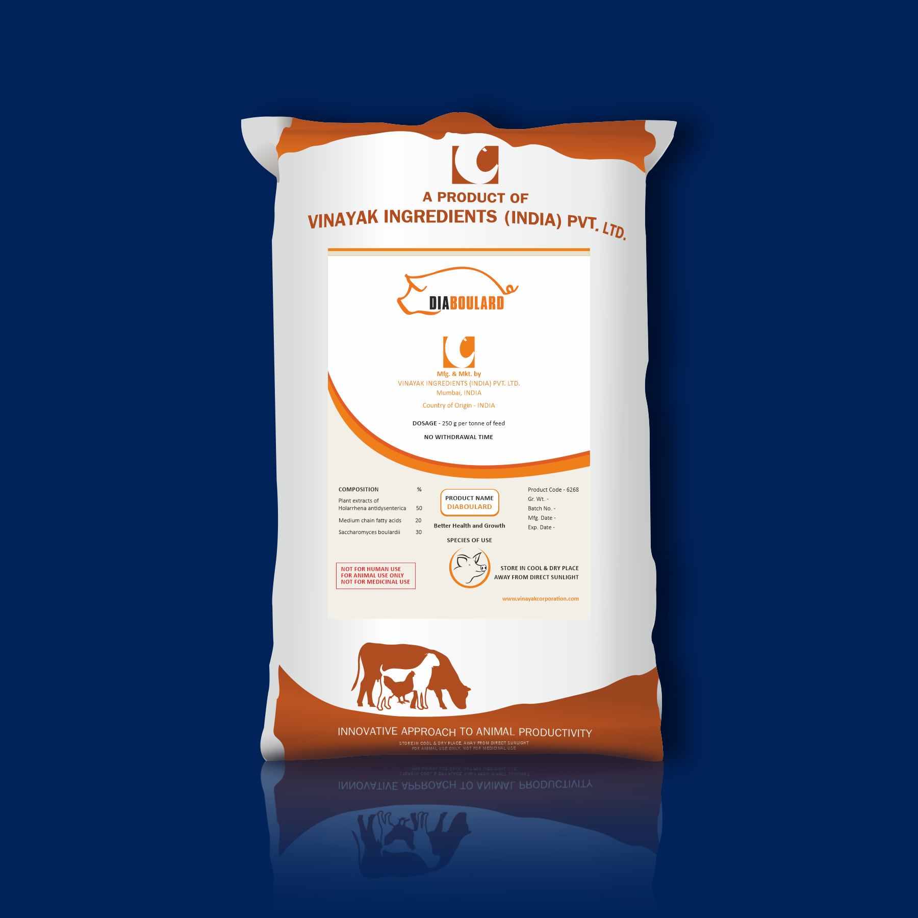 Packaging of DIABOULARD- Swine diarrhea supplements, Anti-diarrheal supplements for swine