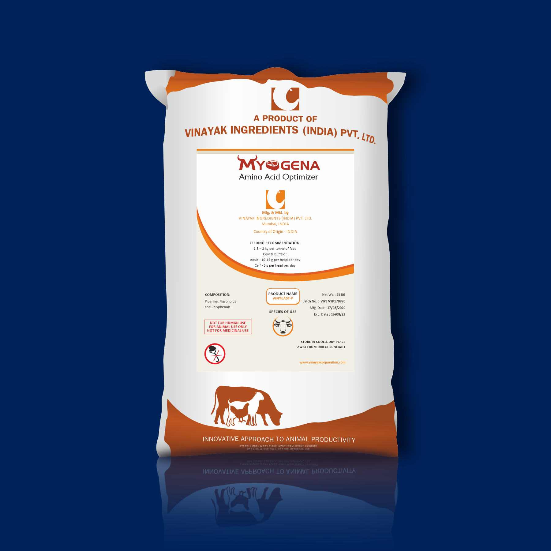 Packaging of MYOGENA - Amino acid optimizer for rumen, Protein optimizer, bypass fat for cattle, rumen bypass fat powder, Lean beef , Lean meat in cattle