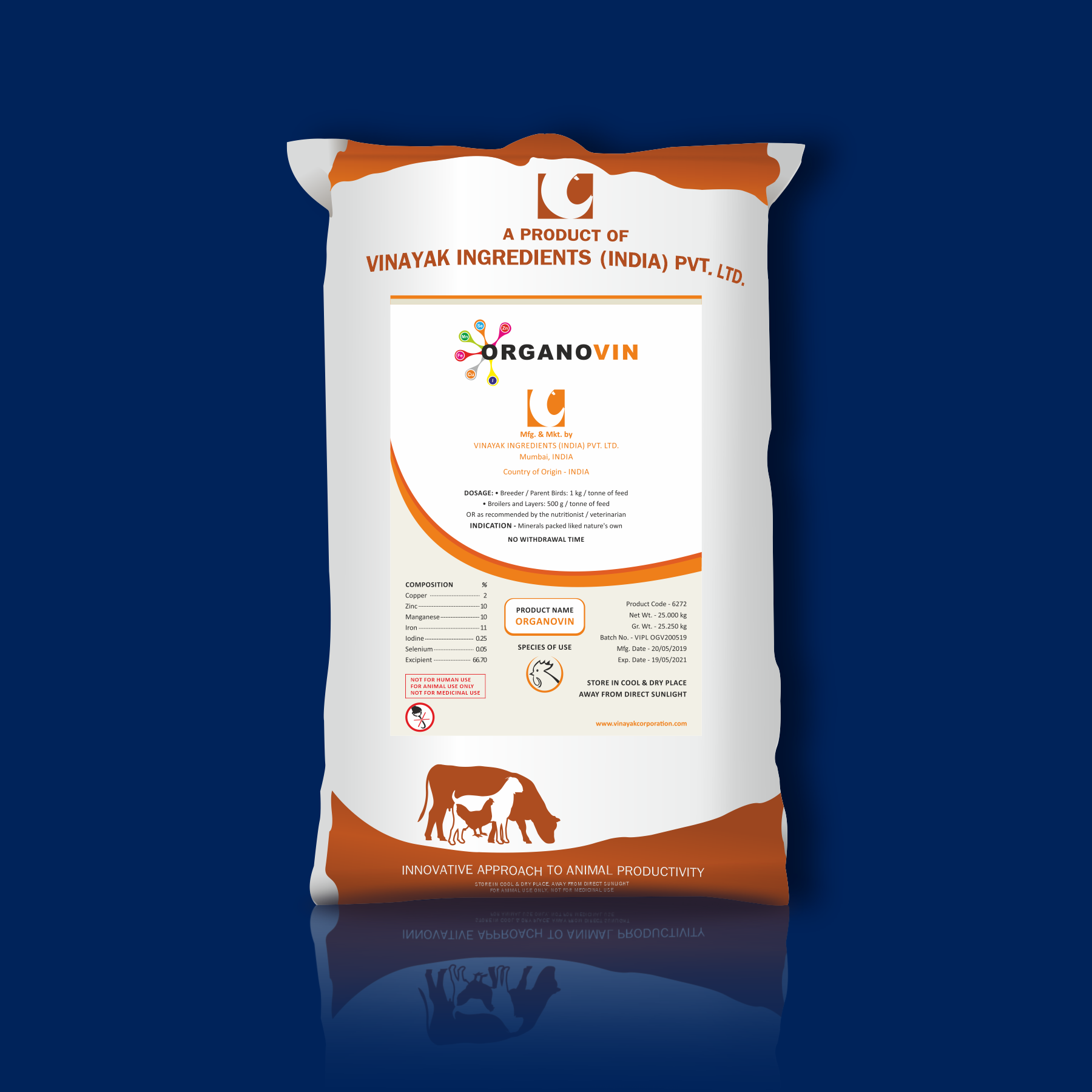Packaging of OrganoVin - Mineral mixture for poultry, mineral mixture formulation for poultry