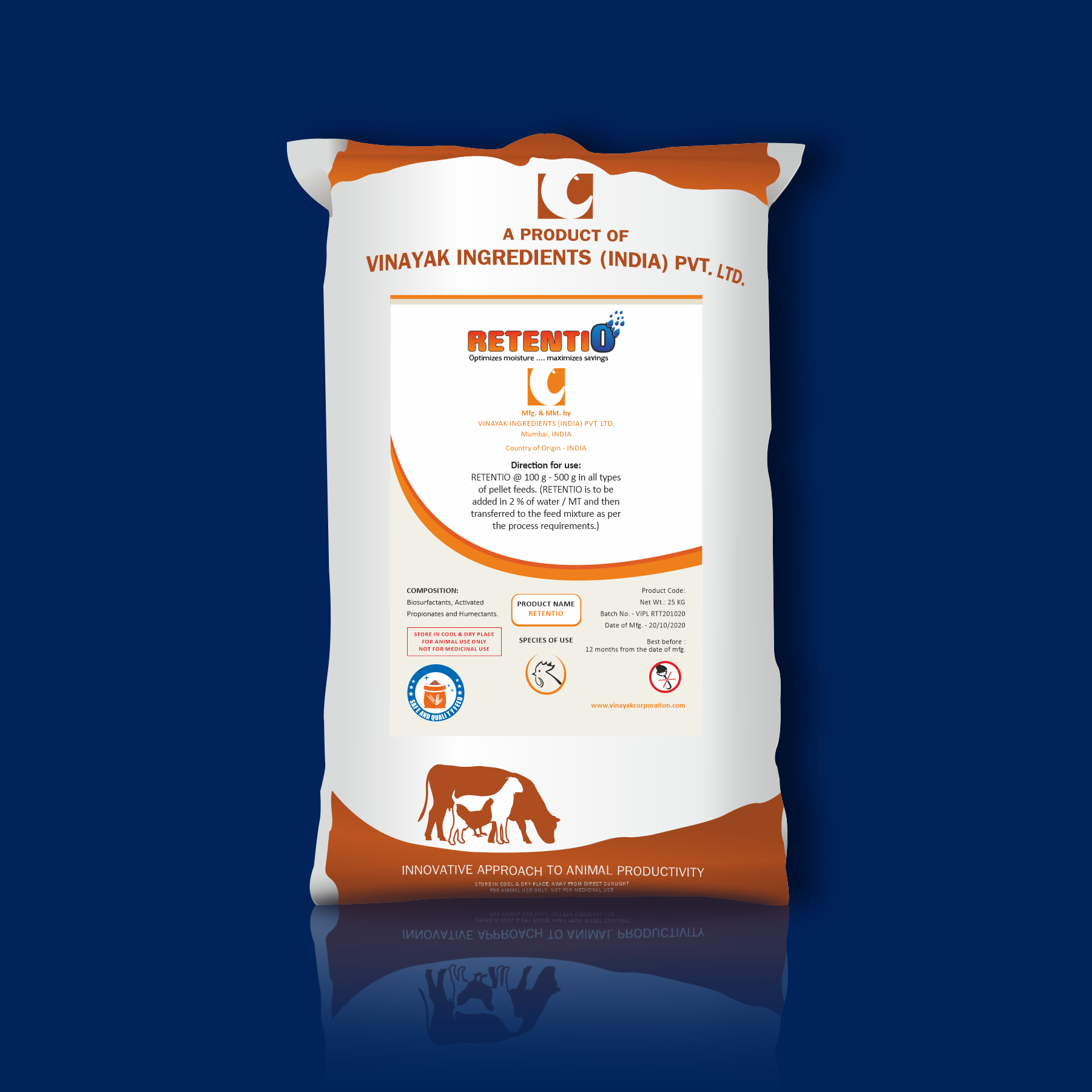 packaging of RETENTIO - improve moisture retention in feed for poultry - moisture retainer for poultry feed pellets